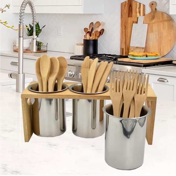 Flatware Caddy Stainless Steel Cutlery Holder with Wood Base - Picture 1 of 8
